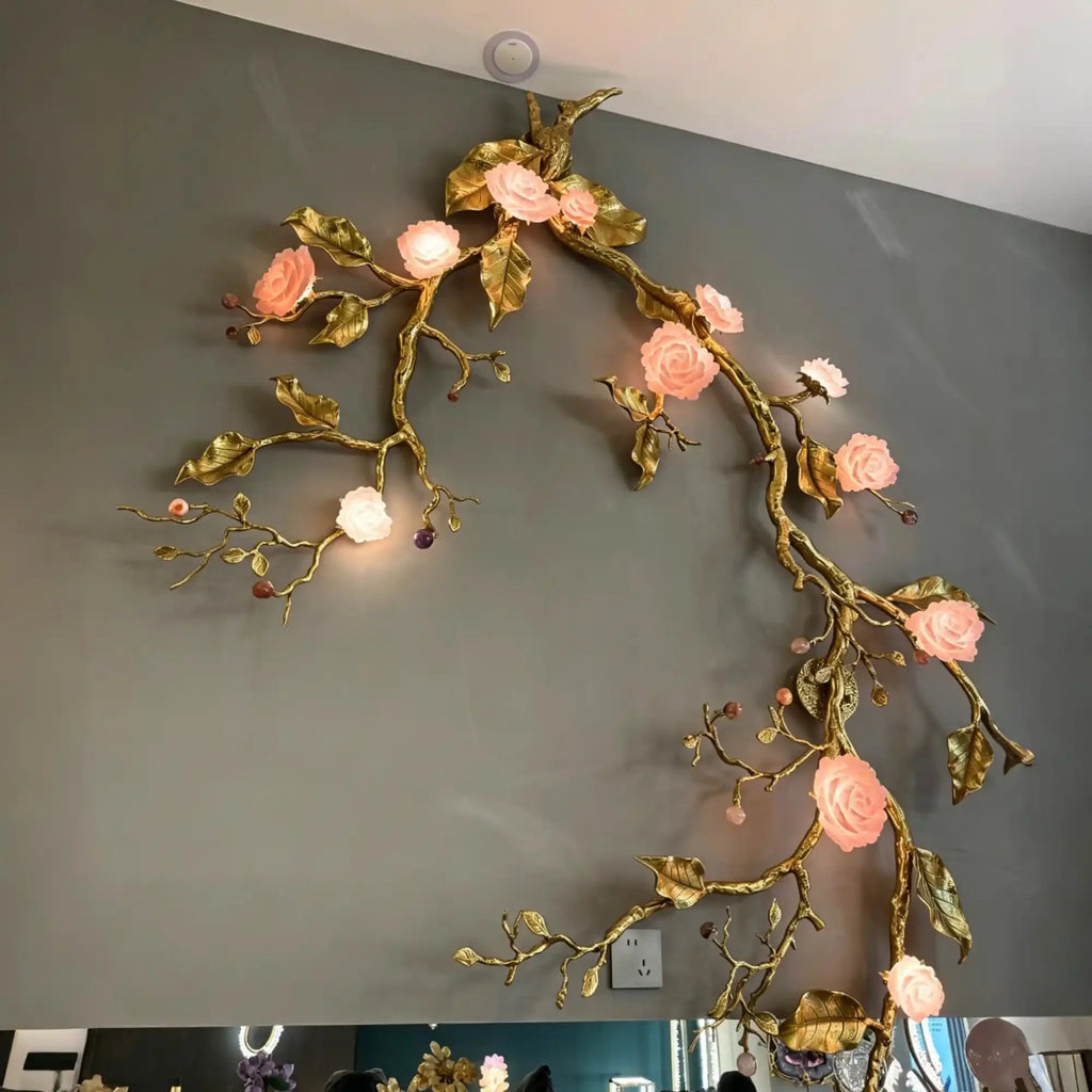 Luxury Elegant Golden Branch Blossom Twig Natural Crystal Lighting Set - Pendant Chandelier/L50.39“*W24.8”Warm Light - VChandelier