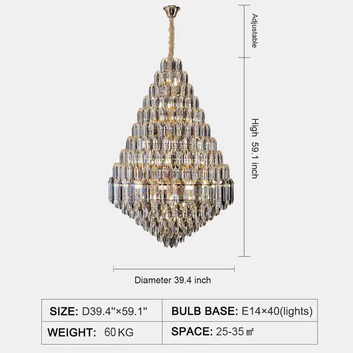 Luxury Multi-tiered Honeycomb Crystal Chandelier for High Ceiling-Chandeliers - VChandelier-D39.4"*H59.1"/40 Lights/85.6 kg-Gold-Warm Light - VChandelier
