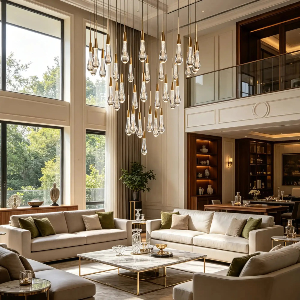 Soltaire Round Chandelier 17" 24" 36" 48" 58" | Modern Pendant Light Raindrop Chandelier - 34-Light 36"BrassVChandelier